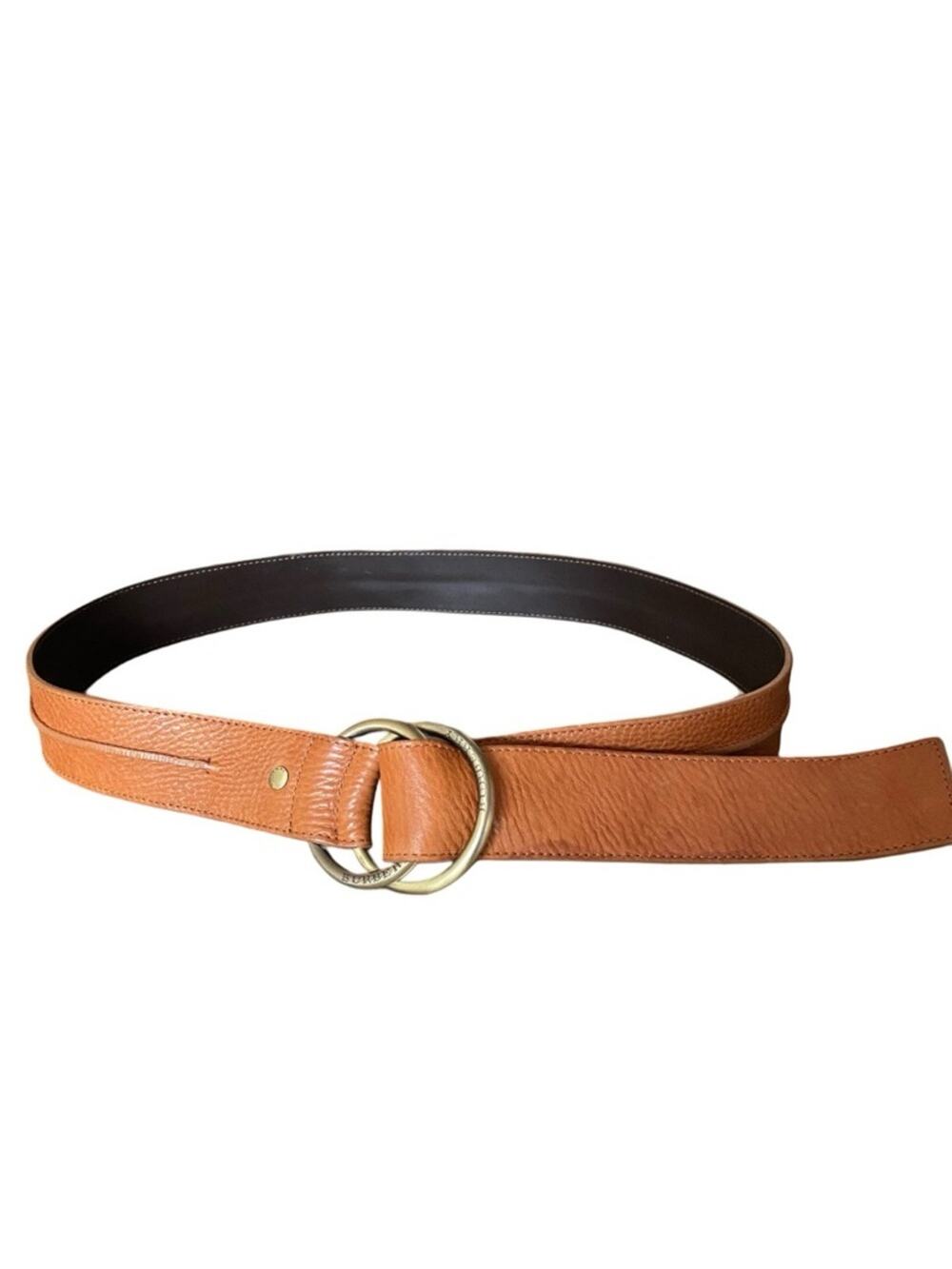 Burberry Double Ring Cognac Brown Pebbled Leather Belt size 40 Brass tone